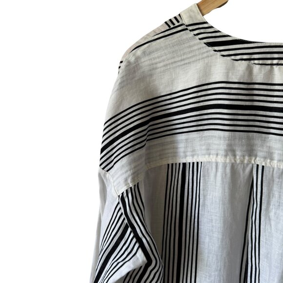 H&M Linen Popover Shirt Tunic Oversized Band Collar Dropped Shoulders Wide Cuffs - Picture 14 of 16